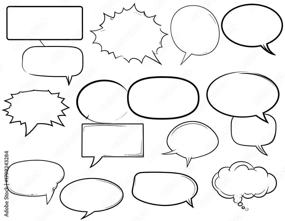 Fototapeta premium Collection of comic speech bubbles with varied shapes and line styles in black and white