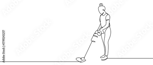 A woman is using a vacuum cleaner to clean in one continuous line. Dynamic single line draw design vector illustration Editable stroke.