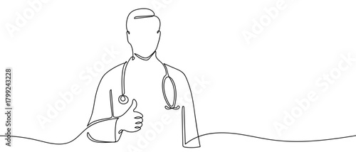 Doctor holds up his thumb in one continuous line. Dynamic single line draw design vector illustration Editable stroke.