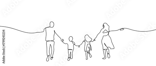 A family runs happily hand in hand in one continuous line. Dynamic single line draw design vector illustration Editable stroke.