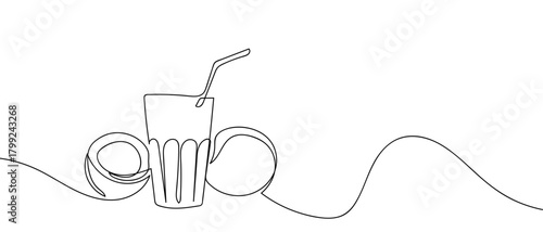 Coconut water and coconut fruit in one continuous line Dynamic single line draw design vector illustration Editable stroke.