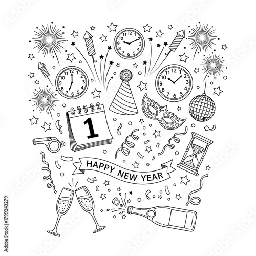 Black and White Happy New Year's Eve Celebration Doodle Illustration with Festive Party Icons