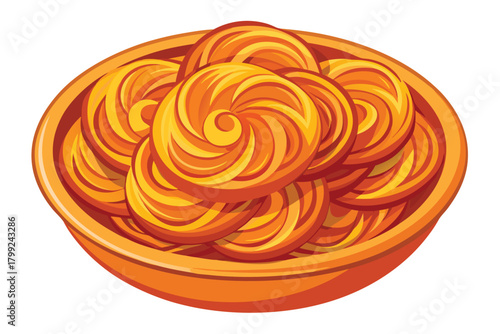 A bowl full of delicious orangeyellow spiral shaped dessert, beautifully arranged and ready to be enjoyed