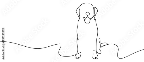 A dog sits with its tongue out in one continuous line. Dynamic single line draw design vector illustration Editable stroke.