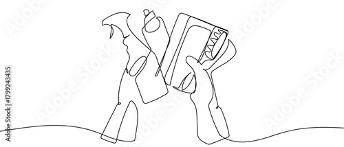 Cleaning equipment in one continuous line Dynamic single line draw design vector illustration Editable stroke.