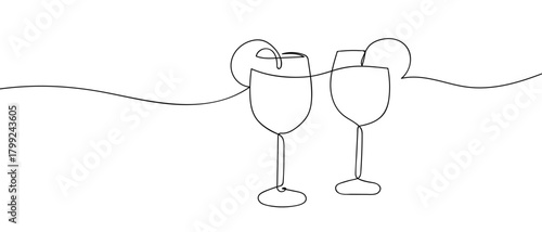 Two glasses of orange juice in one continuous line Dynamic single line draw design vector illustration Editable stroke.
