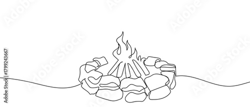 The bonfire is surrounded by rocks in one continuous line. Dynamic single line draw design vector illustration Editable stroke.