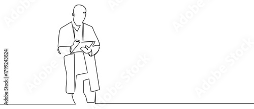 The doctor is standing and looking at the medical documents in one continuous line. Dynamic single line draw design vector illustration Editable stroke.