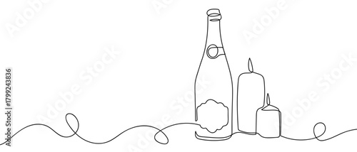 Wine bottles and candles in one continuous line. Dynamic single line draw design vector illustration Editable stroke.