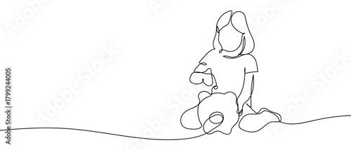 A girl is putting money in a piggy bank in one continuous line. Dynamic single line draw design vector illustration Editable stroke.