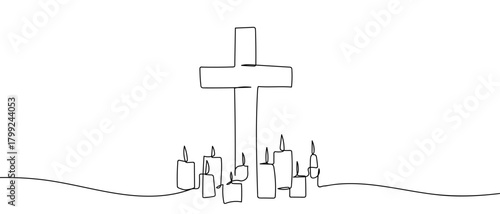 Cross and altar candles in one continuous line Dynamic single line draw design vector illustration Editable stroke.