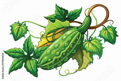 Zucchini art displays vivid water droplet accents with green leaves on winding vines