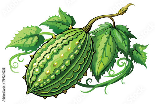 Spiky green bitter melon hangs amidst vine tendrils and jagged leaves in detailed vector