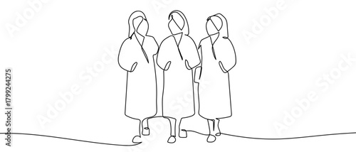 Three women in bathing suits, in one continuous line. Dynamic single line draw design vector illustration Editable stroke.