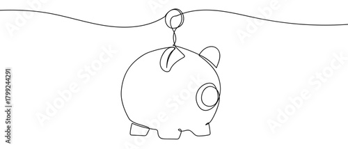 Coins in a piggy bank in one continuous line Dynamic single line draw design vector illustration Editable stroke.