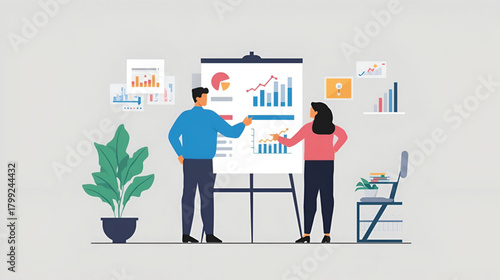 Business two people discussing a business chart on a whiteboard