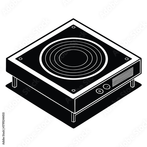 An isometric black and white view showcases a square ceramic cooktop with circular element