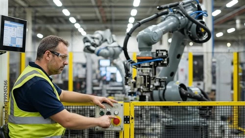 Automated factory control: worker operating robotic arm assembly in industrial setting
