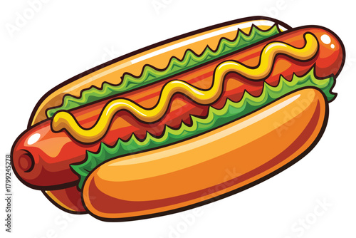 Cartoon hotdog illustration with bright colors features mustard and lettuce on fresh bun