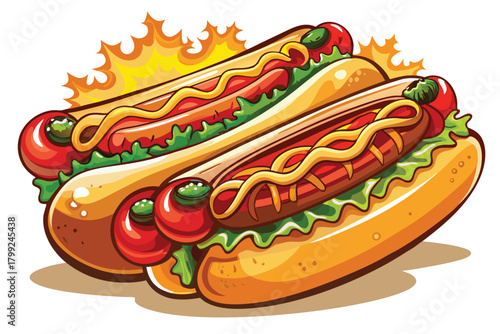 Cartoon style two delicious hot dogs adorned with mustard and various toppings appear tempting