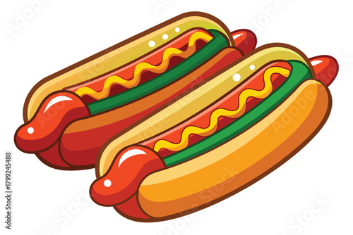 Two appetizing hotdogs are lying side by side featuring mustard and green relish