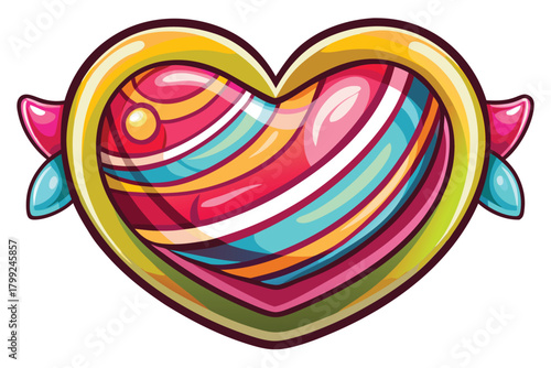 A colorful striped pattern fills a golden heartshaped locket with ribbon embellishments on its frame