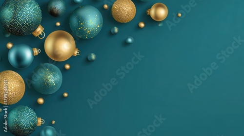 Elegant Christmas ornaments in teal and gold on a teal background