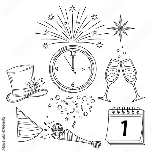New Year's Eve Line Art Icons Set: Midnight Clock, Fireworks, Champagne Toast, and Celebration Party Accessories.