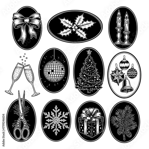 Black and White Vintage Holiday Engraving Icons Collection