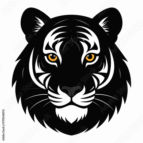 Stylized vector illustration of a tiger's head, featuring black fur with white stripes and markings, and piercing yellow eyes, against a white background.
