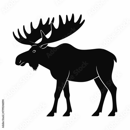 Silhouette of a large moose with prominent antlers standing in profile against a white background.