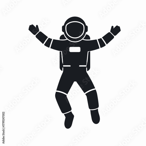 Silhouette of an astronaut floating with arms raised in a celebratory or weightless gesture, isolated on a white background.