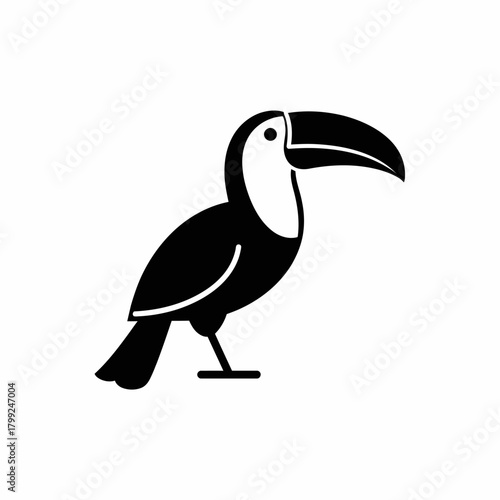 A simplified, black and white illustration of a toucan bird, standing with its distinctive large beak prominent.