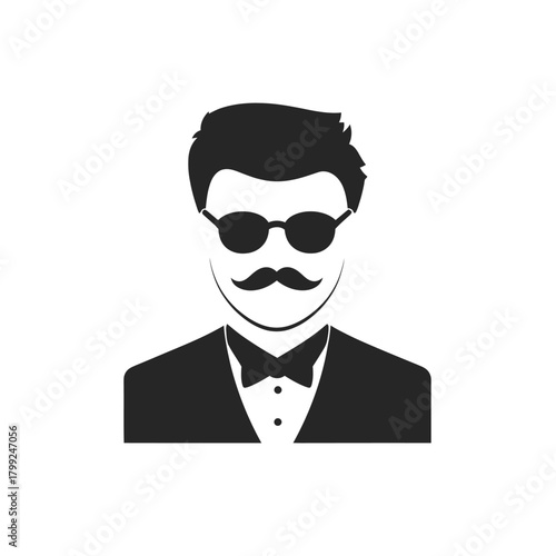 A stylized vector illustration of a man with a mustache, sunglasses, bow tie, and suit jacket against a white background.