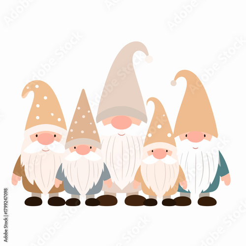 A group of five cartoon gnomes with pointed hats and long white beards stand together against a white background.