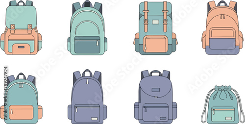 Collection of pastel-colored backpacks in various styles and designs for travel and school