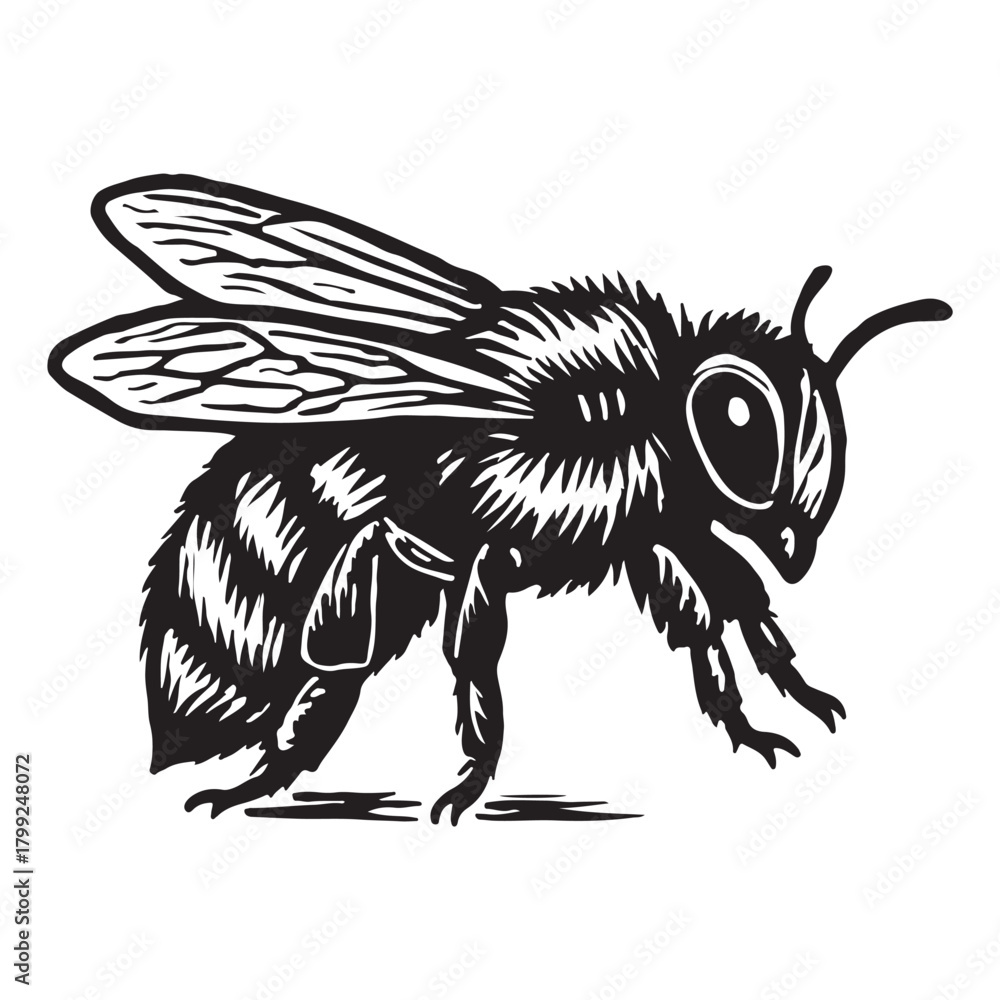 Obraz premium Monochrome sketch of a fuzzy honeybee in a classic woodblock print style. This solitary insect drawing represents nature, pollination, and the delicate balance of the ecosystem