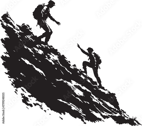 Climber and Hiker on Mountain Rock Silhouette Vector | Extreme Sport Adventure Outdoors Graphic