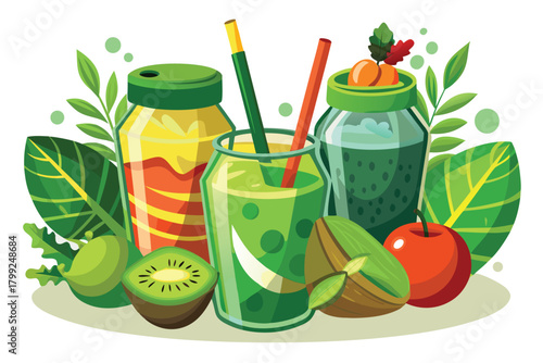 Jars filled with smoothies and fruits create a healthy and vibrant display of natural goodness