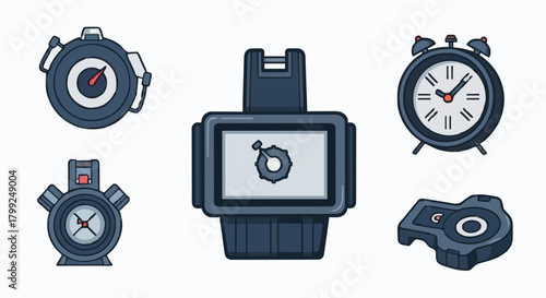 Collection of flat design clock icons, including alarm clock, stopwatch, timer, and more, isolated