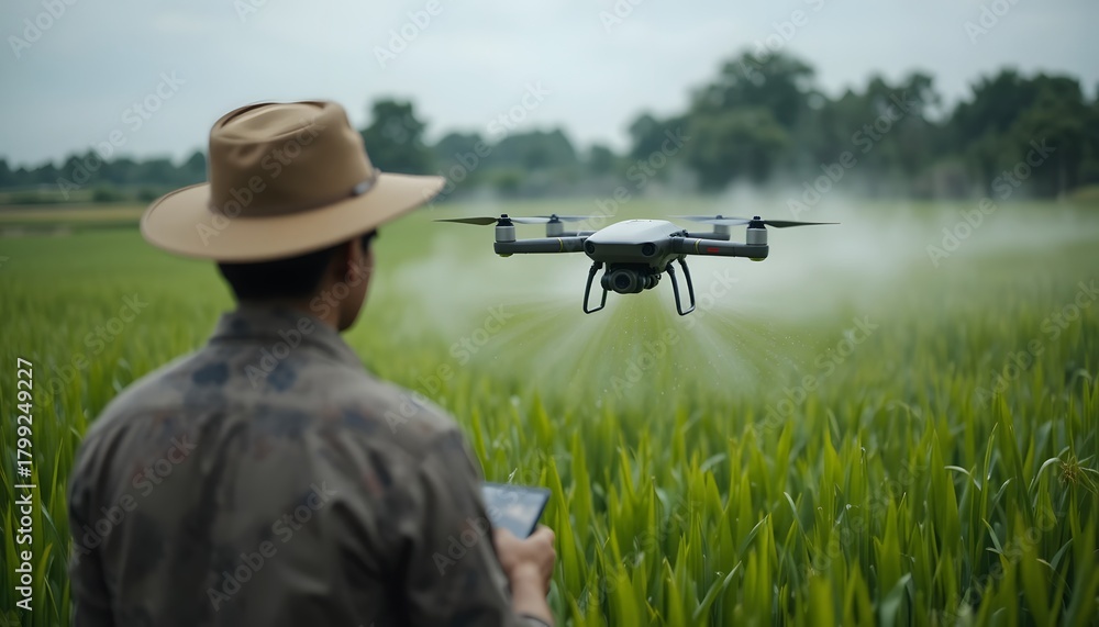 Fototapeta premium Precision farming with drone technology for crop spraying in a vast green field, revolutionizing agriculture with aerial efficiency and modern farming practices