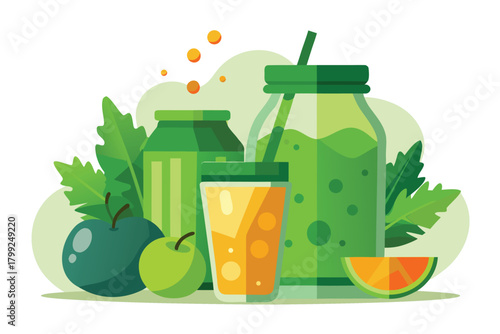 Fresh green smoothie and orange juice sit amidst assorted fruits and verdant leaves
