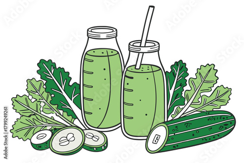 Two green smoothie bottles sit amidst kale leaves and sliced cucumbers in a cartoon style