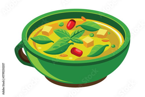 Green bowl showcases a flavorful vegetable soup with tofu cubes and vibrant basil leaves