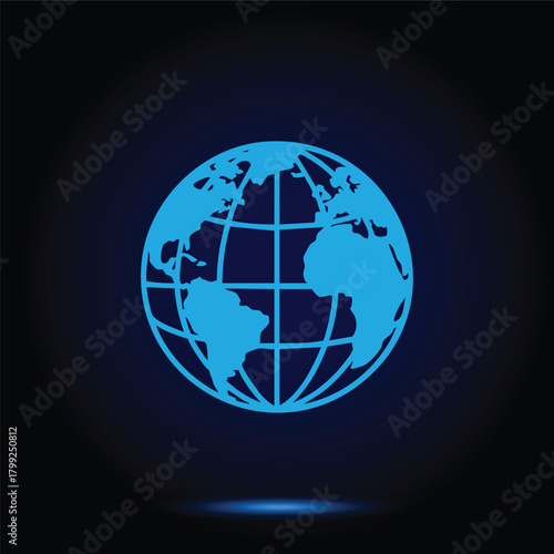Global World Map Icon Vector Graphic Depicting Planet Earth Sphere With Continents Grid Lines And Bright Blue Illumination Against A Dark Background Perfect For Technology And Communication