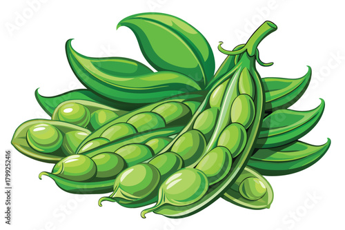 Vibrant green pea pods and leafy foliage create a lush, organic arrangement