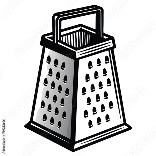 Black and white outlined grater with handle showcasing kitchen utensil for cooking preparation