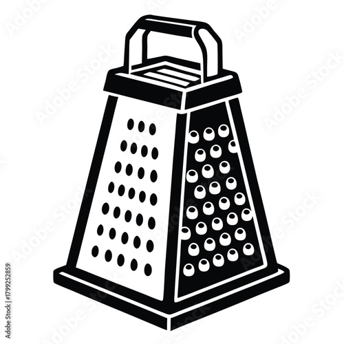 Isolated black grater presents four grating surfaces and an easy grip handle