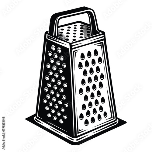Black and white shows a grater with small holes for food preparation