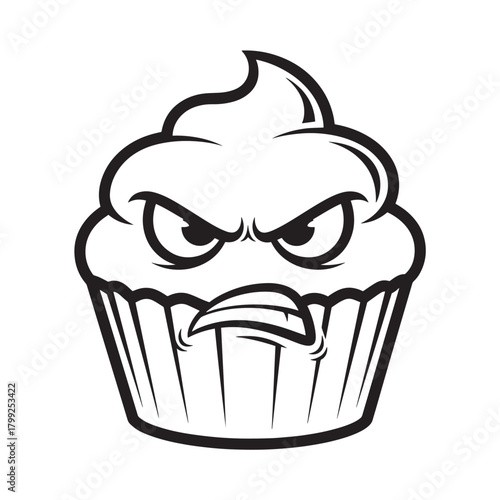 Angry Cupcake Character with Grumpy Face Vector Illustration Design